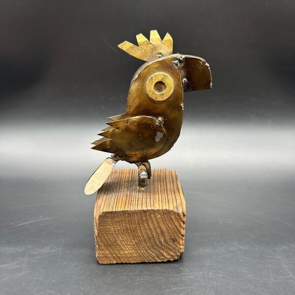 Brutalist Metal Parrot Bird Figurine Wood Statue Mixed Medium Art Brown Retro - Picture 4 of 11